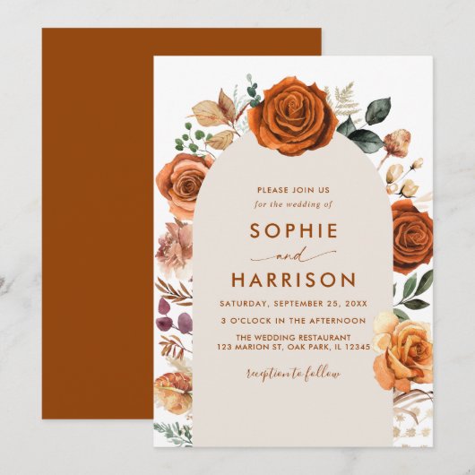 Verbrandde Oranje Arch Terracotta Floral Rust Wedd Kaart (Voorkant / Achterkant)