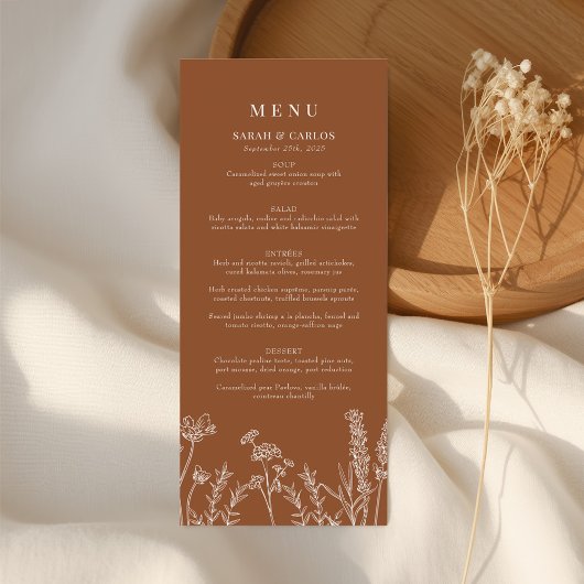 Verbrandde Oranje Boho Wildflower Wedding Receptio Menu