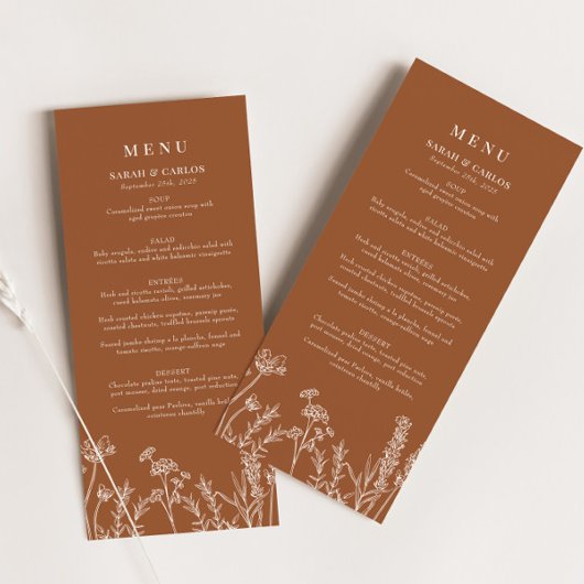 Verbrandde Oranje Boho Wildflower Wedding Receptio Menu