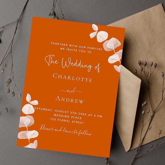 Verbrandde oranje eucalyptusbruiloft kaart