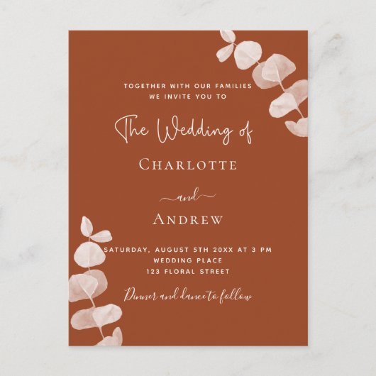 Verbrandde oranje eucalyptuselegante bruiloft uitnodiging briefkaart (Voorkant)