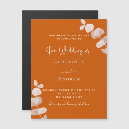 Verbrandde oranje eucalyptusluxebruiloft magnetische uitnodiging (Voorkant / Achterkant)