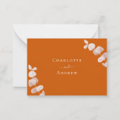 Verbrandde oranje eucalyptustrouwreactie RSVP Notitiekaartje (Achterkant)