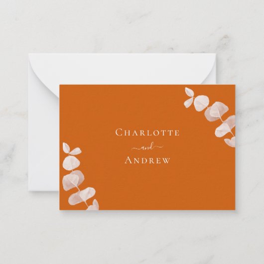 Verbrandde oranje eucalyptustrouwreactie RSVP Notitiekaartje (Achterkant)