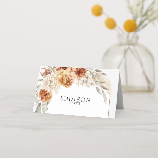 Verbrandde Oranje Floral Boho Wedding Place Card Plaatskaartje (Voorkant)