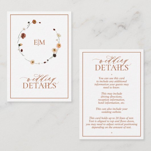 Verbrandde Oranje Floral Crest Monogram Weddenscha Informatiekaartje (Voorkant / Achterkant)