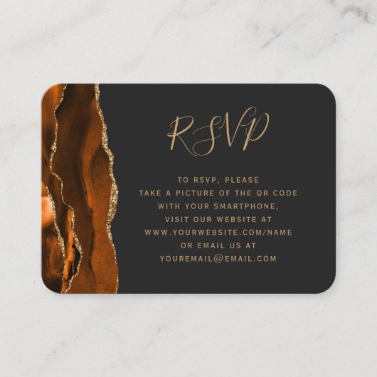 Verbrandde Oranje goudmakerij, donkere bruiloft QR Informatiekaartje (Voorkant)
