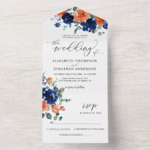 Verbrandde Oranje marine Royal Blue Wedding Detail All In One Uitnodiging