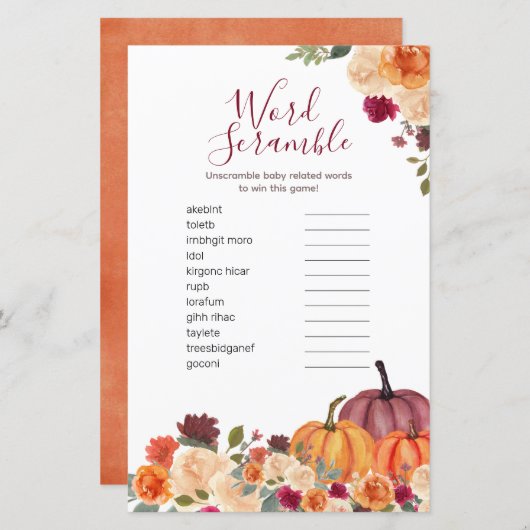 Verbrandde Oranje pompoen Waterverf Word Scramble (Voorkant / Achterkant)