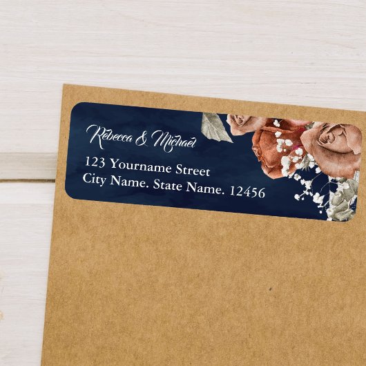 Verbrandde Oranje Rozen Terracotta Floral Navy Wed Etiket