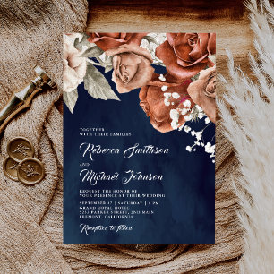 Verbrandde Oranje Rozen Terracotta Floral Navy Wed Kaart