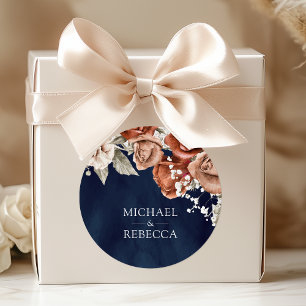 Verbrandde Oranje Rozen Terracotta Floral Navy Wed Ronde Sticker