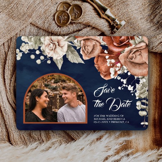 Verbrandde Oranje Rozen Terracotta Floral Navy Wed Save The Date