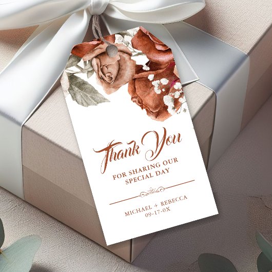 Verbrandde Oranje Rozen Terracotta Floral Wedding Cadeaulabel