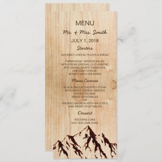 Verbrande Berg in Hout Rustieke Bruiloft Menu (Voorkant / Achterkant)