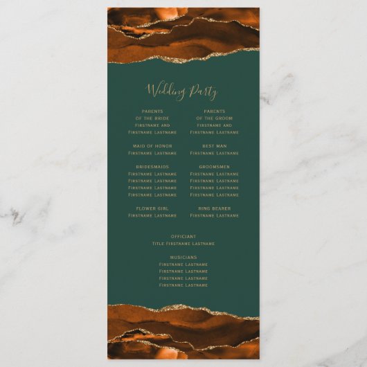 Verbrande Oranje Agaat Donkergroene bruiloft Programmakaart (Achterkant)