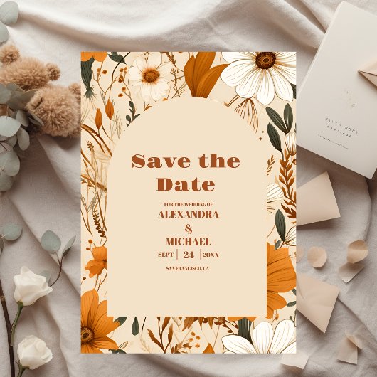 Verbrande oranje aquarel wilde bloemen bruiloft save the date