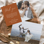 Verbrande Oranje bruiloft dank u kaarten Flyer<br><div class="desc">Budget Wedding Dank u Kaarten die een foto op de voor- en achterkant hebben. Dank u kaarten bevat een moderne hand geschreven kromme manuscripttypografie die elegant,  eenvoudig en modern zijn om na u de dag van de bruiloft te gebruiken.</div>