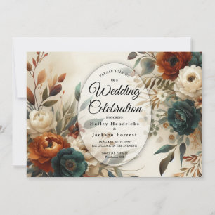 Verbrande Oranje en Blauwe Herfstbloemen Bruiloft  Kaart