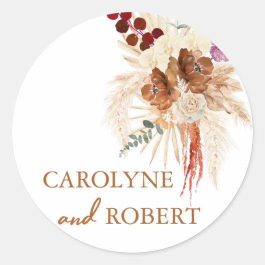 verbrande Oranje en Boheemse Pampas Grass Wedding Ronde Sticker (Voorkant)