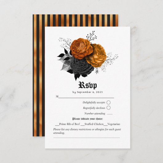 Verbrande oranje en zwarte gotische Halloweenrozen RSVP Kaartje (Voorkant / Achterkant)