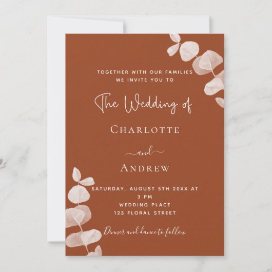 Verbrande oranje eucalyptus QR code luxe bruiloft Kaart (Voorkant)