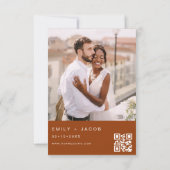 Verbrande Oranje foto QR code bruiloft minimalist Kaart (Achterkant)