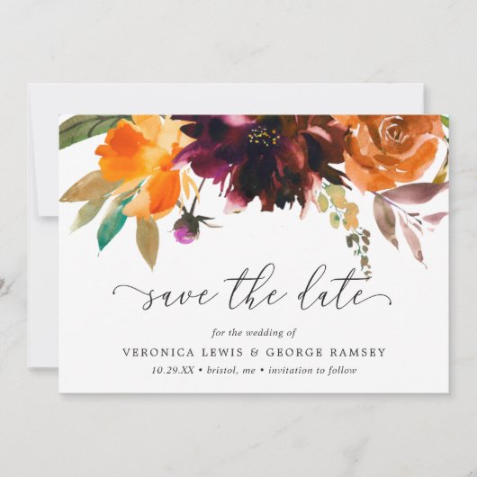 Verbrande Oranje Herfst Bloemen Rustieke Elegante  Save The Date (Voorkant)