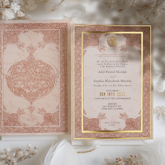 Verbrande Oranje kanten Traditionele Moslimbruilof Folie Uitnodiging