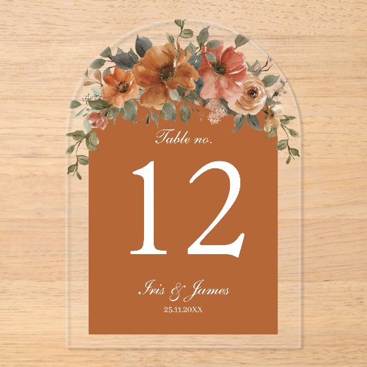 Verbrande Oranje Koperen Bloemtafelnummer voor de  Acryl Uitnodigingen (Voorkant)