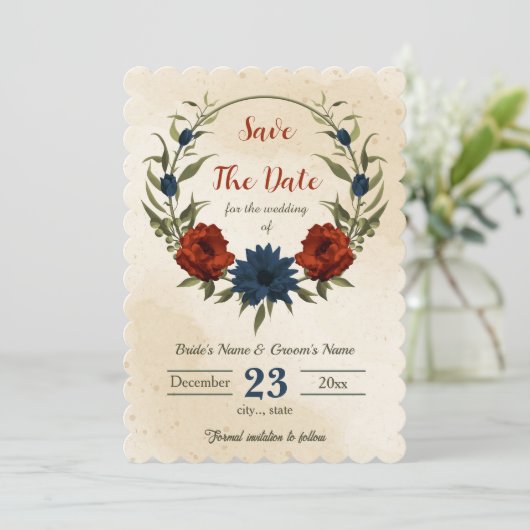 Verbrande oranje marinebloemen botanisch save the date (Staand voorkant)