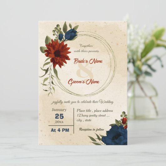 verbrande oranje marinebloemen botanische bruiloft kaart (Staand voorkant)