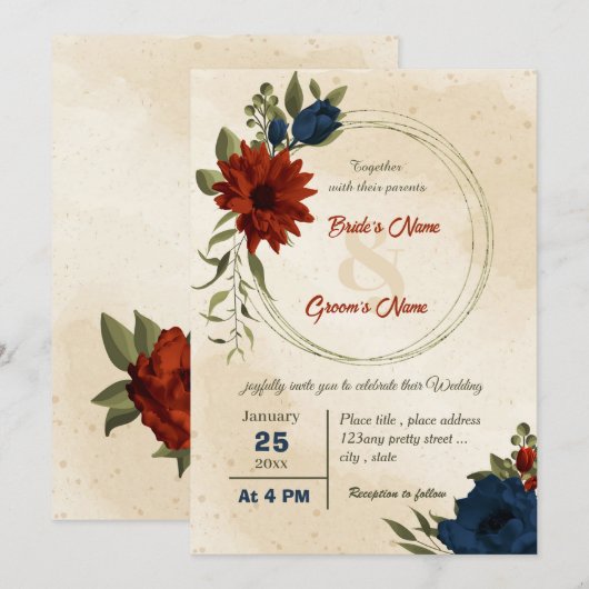 verbrande oranje marinebloemen botanische bruiloft kaart (Voorkant / Achterkant)