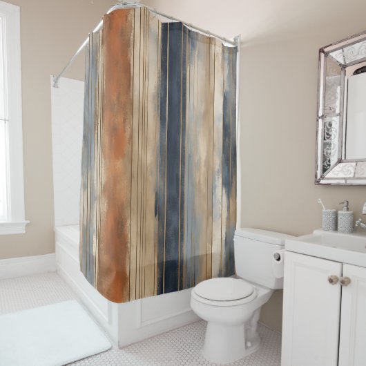 Verbrande Oranje Navy Dusty Blue Distressed Stripe Douchegordijn (In situ)