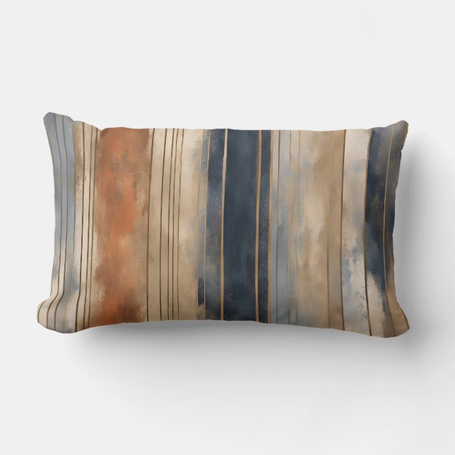 Verbrande Oranje Navy Dusty Blue Distressed Stripe Kussen (Voorkant)