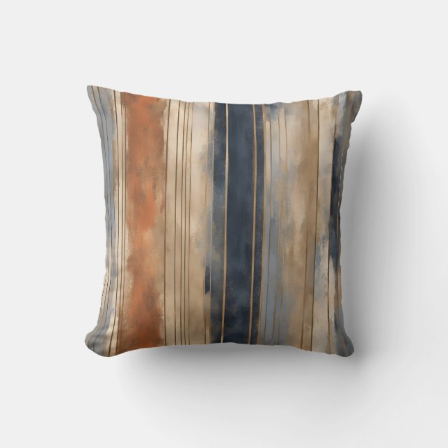 Verbrande Oranje Navy Dusty Blue Distressed Stripe Kussen (Voorkant)