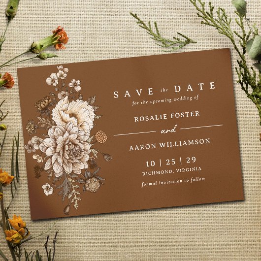 Verbrande Oranje roest | Moody Herfst Boho Wedding Save The Date