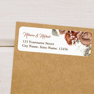 Verbrande Oranje Rozen Terracotta Bloemige Bruilof Etiket