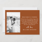 Verbrande Oranje Script Foto bruiloft dank u kaart (Achterkant)