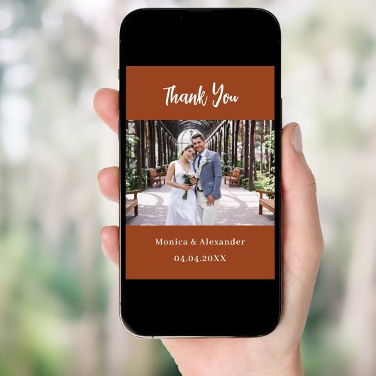 Verbrande oranje script trouwfoto dank u kaart