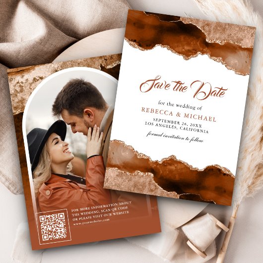 Verbrande Oranje Terracotta Agate Marmeren Trouwfo Save The Date