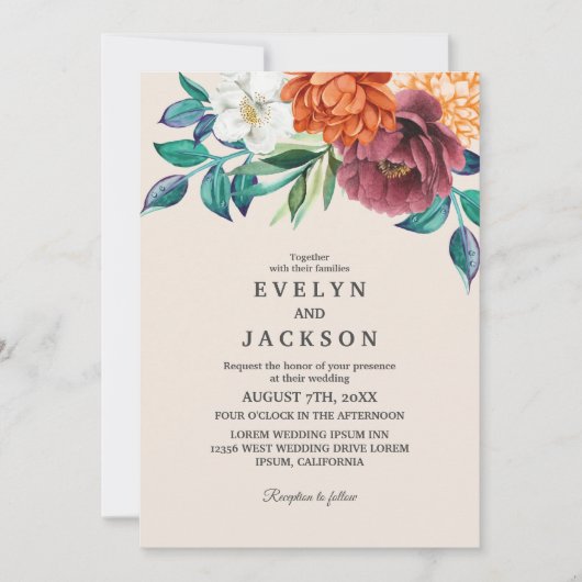 Verbrande oranje terracotta bloemenherfstbruiloft kaart (Voorkant)