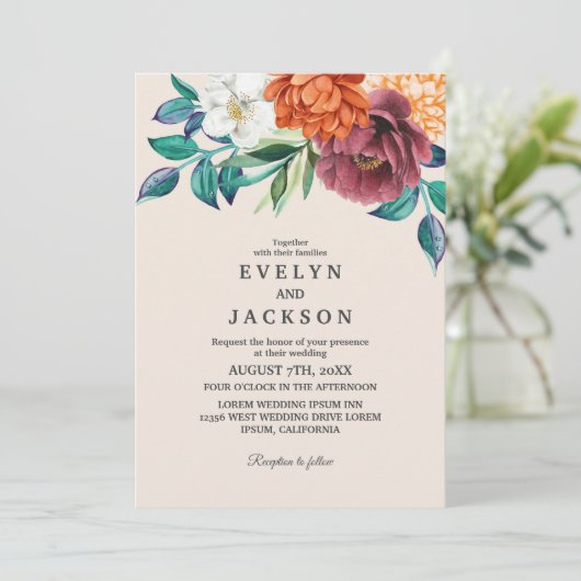 Verbrande oranje terracotta bloemenherfstbruiloft kaart (Staand voorkant)