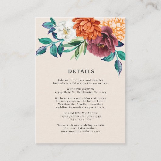 Verbrande oranje terracotta bloemige trouwdetails informatiekaartje (Voorkant)