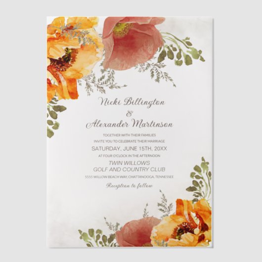 Verbrande Oranje Waterverf. Bloemen herfstbruiloft Vellum Uitnodigingen (Voorkant)