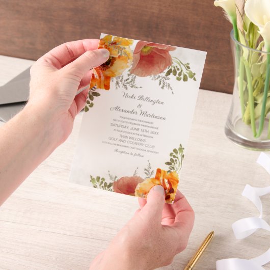 Verbrande Oranje Waterverf. Bloemen herfstbruiloft Vellum Uitnodigingen (Draagbaar)