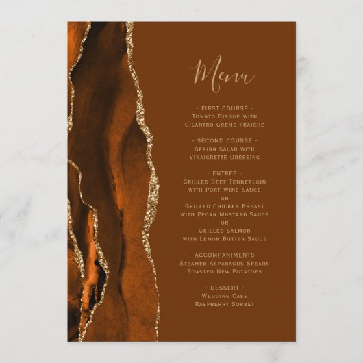 Verbrande Sinaasappel Agaat Bruine bruiloft Menu (Voorkant)
