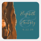 Verbrande Sinaasappel Agaat Goud Blauwgroen Bruilo Vierkante Sticker (Voorkant)