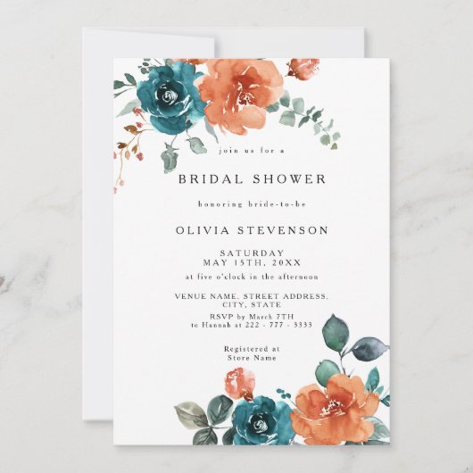 Verbrande Sinaasappel Blauwgroen Bloemen Bruidsdou Kaart (Voorkant)