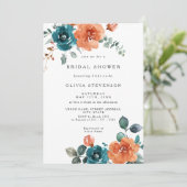 Verbrande Sinaasappel Blauwgroen Bloemen Bruidsdou Kaart (Staand voorkant)